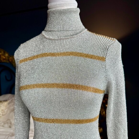 70s Vintage NWT Metallic Silver and Bronze Turtleneck Maxi Dress - Picture 5 of 16